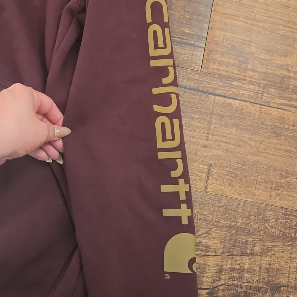 Carhartt Maroon Loose Fit Hoodie Sweatshirt Logo Sleeve Workwear Streetwear - Picture 3 of 7